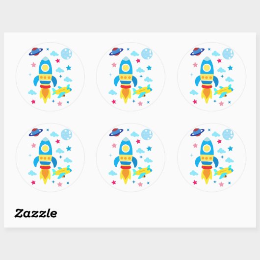 Cute Spacecraft Rocket Ships Pattern Ronde Sticker (Vel)