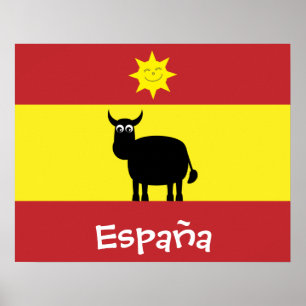 Cute Spain Bull, Flag & Smiling Sun Poster