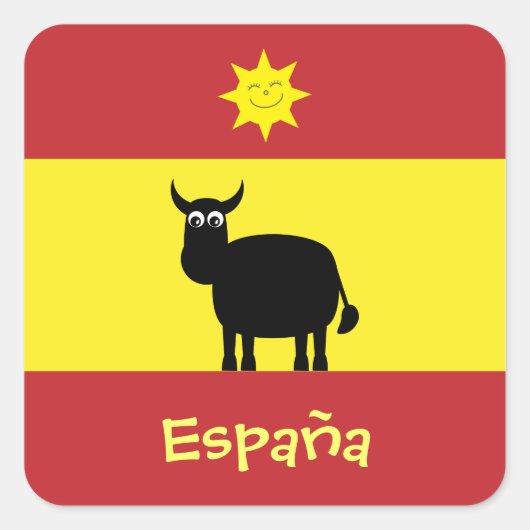 Cute Spain Bull, Sun & Flag Vierkante Sticker (Voorkant)