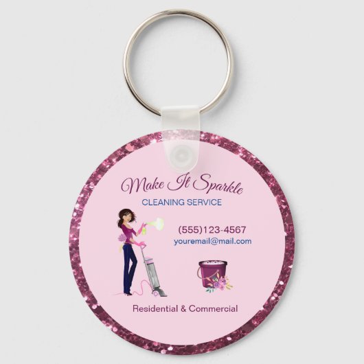 Cute Sparkle Cartoon Maid Cleaning Services Sleutelhanger (Voorkant)