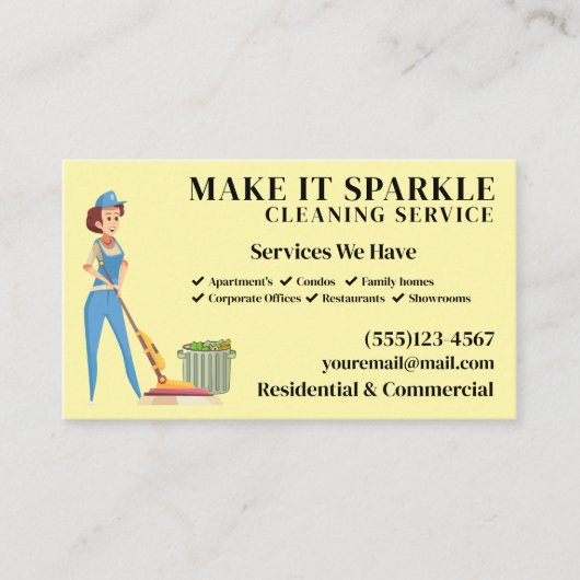 Cute Sparkle Cartoon Maid Cleaning Services Visitekaartje (Voorkant)