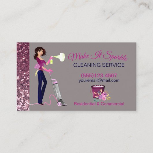 Cute Sparkle Cartoon Maid Cleaning Services Visitekaartje (Voorkant)