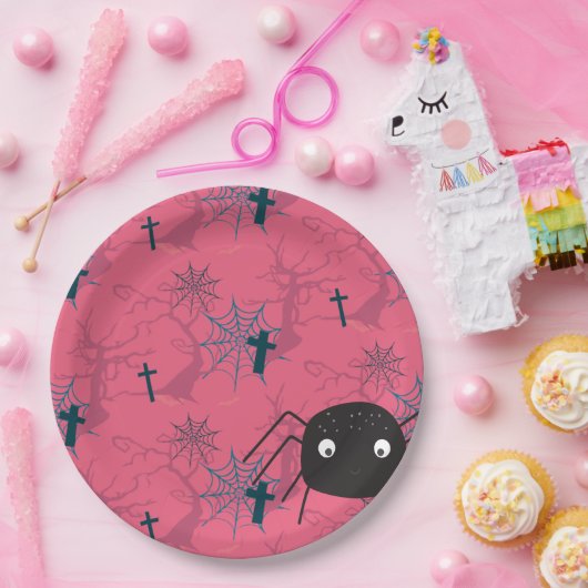 Cute spin & raspberry roze spinweb gepatterd papieren bordje (Feest)