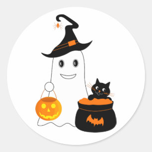 Cute spook met zwarte kat viert halloween ronde sticker