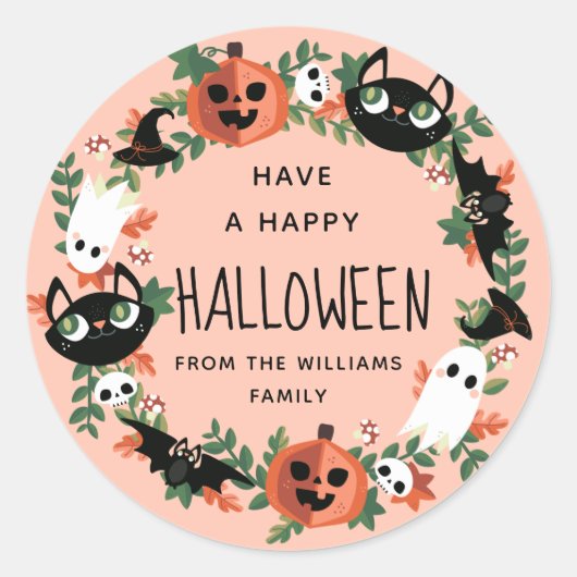 Cute Spooky Happy Halloween Wreath Ronde Sticker (Voorkant)