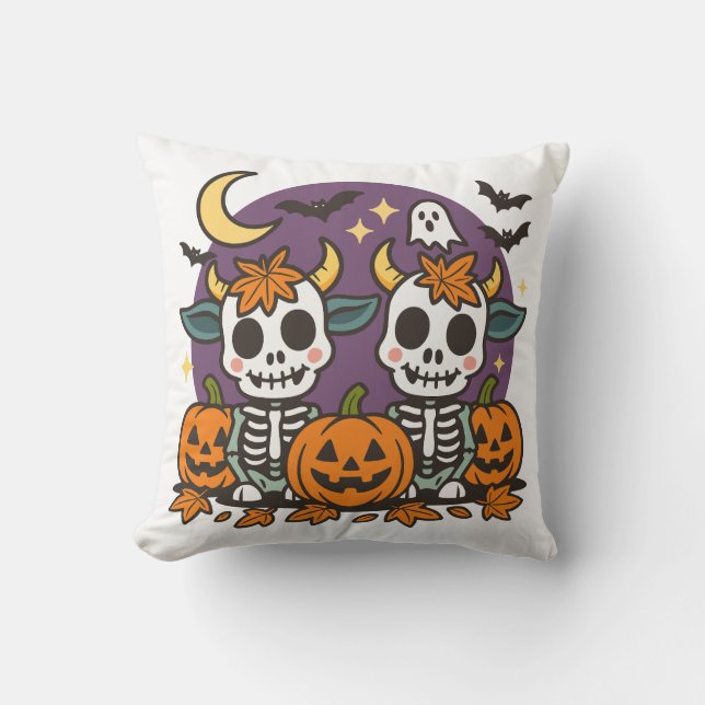 Cute Spooky Skeleton Cows Throw Pillow Kussen (Voorkant)