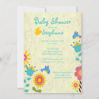 Cute Spring Birds & Flowers Baby shower Invitation Kaart