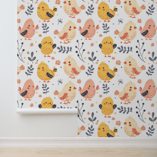 Cute Spring Chicks and Floral Pattern Behang