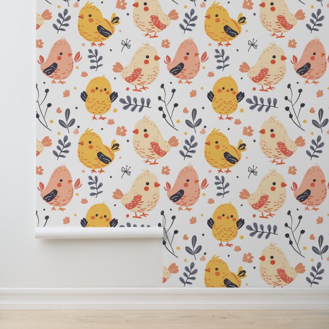 Cute Spring Chicks and Floral Pattern Behang (Applicatie)