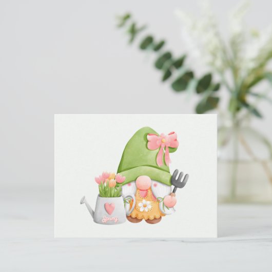 Cute Spring Garden Gnome and Tulip Flowers Briefkaart (Staand voorkant)