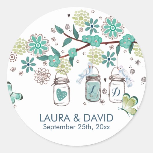 Cute spring Mason Jars Garden Wedding Ronde Sticker (Voorkant)