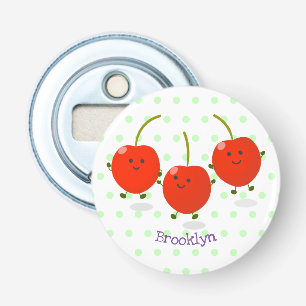 Cute springing red cherries cartoon illustratie button flesopener