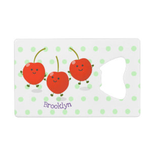 Cute springing red cherries cartoon illustratie kredietkaart flessenopener