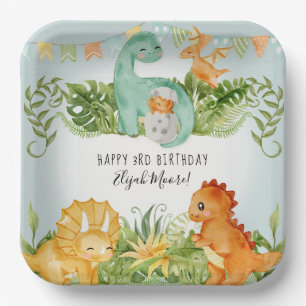Cute Square Dinosaur Foliage 3rd Birthday Party Papieren Bordje