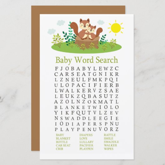 Cute Squirrel Baby shower Word Search Game (Voorkant / Achterkant)