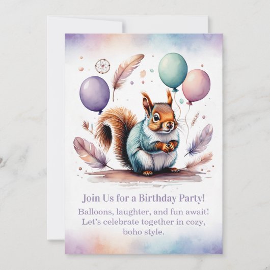 Cute Squirrel Birthday Invitation Woodland Boho  (Devant)