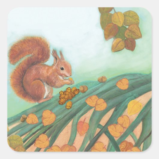 Cute Squirrel Eating Hazelnut Illustratie Vierkante Sticker (Voorkant)