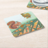 Cute Squirrel eet Hazelnut Illustratie Vierkante Kartonnen Onderzetter (Schuin)