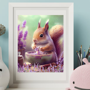 Cute Squirrel in Lavender Fields Art Nursery Poster