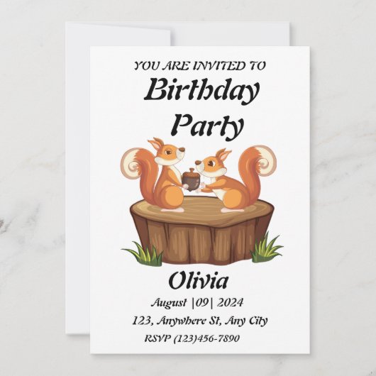 Cute Squirrel Manger des noix Invitation Anniversa (Devant)