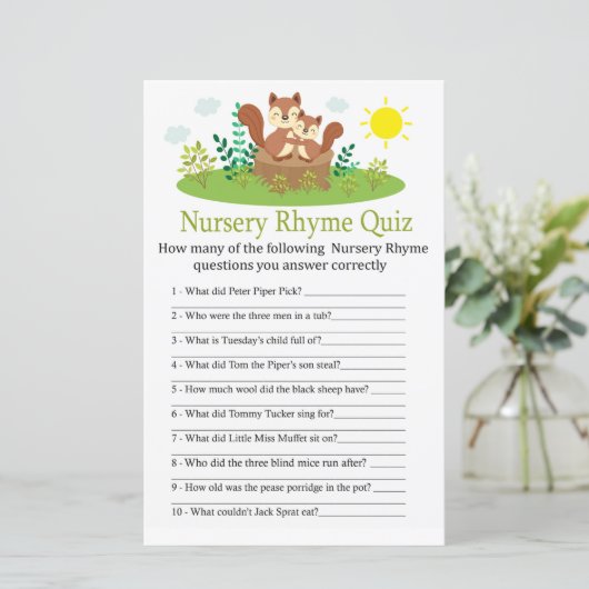 Cute Squirrel Nursery Rhyme Quiz baby shower game (Staand voorkant)