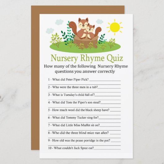 Cute Squirrel Nursery Rhyme Quiz baby shower game (Voorkant / Achterkant)
