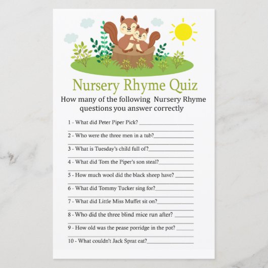 Cute Squirrel Nursery Rhyme Quiz baby shower game (Voorkant)