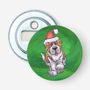 Cute St. Bernard in Santa Hat op Green Button Flesopener