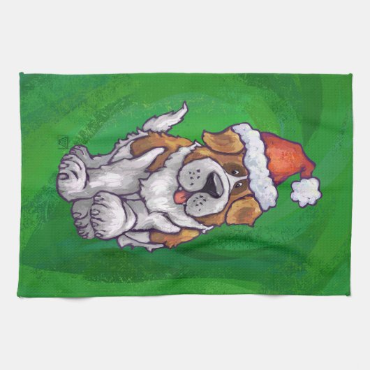 Cute St. Bernard in Santa Hat op Green Theedoek (Horizontaal)