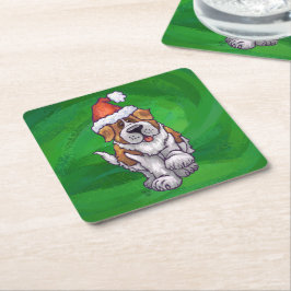 Cute St. Bernard in Santa Hat op Green Vierkante Kartonnen Onderzetter