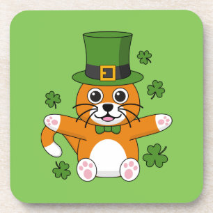 Cute St Patrick's Day Cat with Shamrocks Cartoon Bier Onderzetter