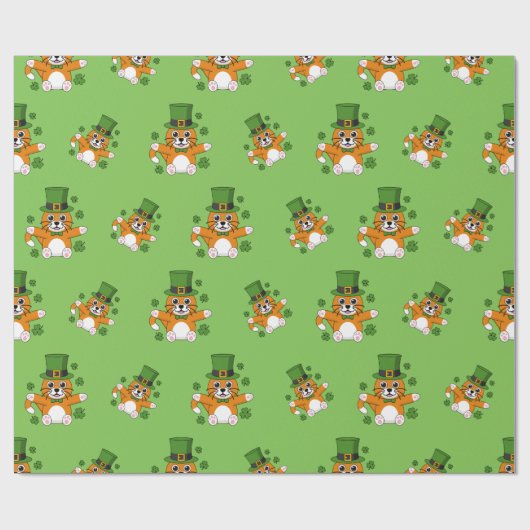 Cute St Patrick's Day Cat with Shamrocks Cartoon Cadeaupapier (Vlak)