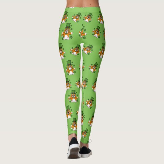 Cute St Patrick's Day Cat with Shamrocks Cartoon Leggings (Achterkant)