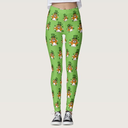 Cute St Patrick's Day Cat with Shamrocks Cartoon Leggings (Voorkant)