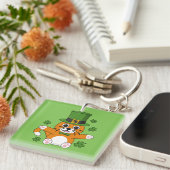 Cute St Patrick's Day Cat with Shamrocks Cartoon Sleutelhanger (Voorkant Rechts)