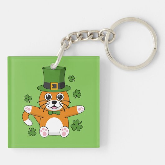 Cute St Patrick's Day Cat with Shamrocks Cartoon Sleutelhanger (Achterkant)