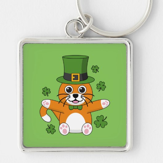Cute St Patrick's Day Cat with Shamrocks Cartoon Sleutelhanger (Voorkant)