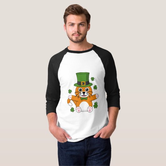 Cute St Patrick's Day Cat with Shamrocks Cartoon T-shirt (Voorkant volledig)