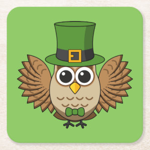 Cute St Patrick's Day Owl Cartoon Vierkante Kartonnen Onderzetter