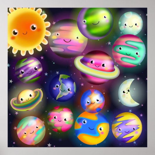 Cute Starry Cosmic Buitenspace Planets Poster (Voorkant)
