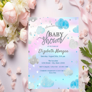 Cute Stars & Clouds Holografische Babyborrel Kaart
