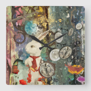 Cute steampunk Alice Wonderland white rabbit Vierkante Klok