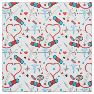 Cute Stethoscope Nurse Doctor EKG Pattern Stof