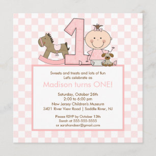 Cute Stick figuur Girl 1st Birthday Invitation Kaart