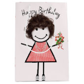 Cute Stick Figuur Girl met Birthday Bouquet Medium Cadeauzakje (Voorkant)