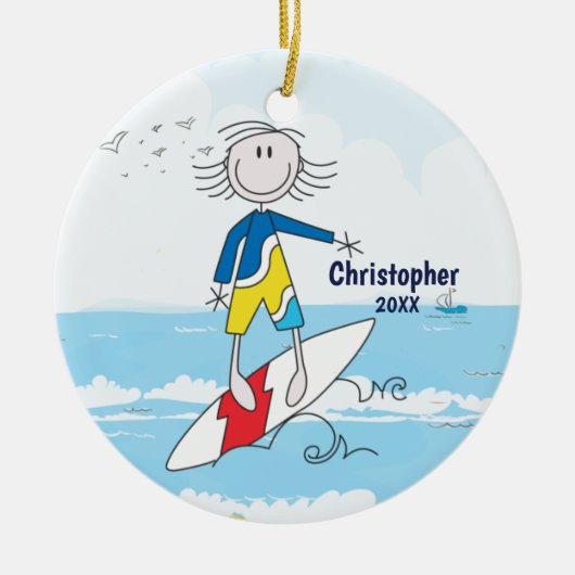 Cute Stick Figuur Surfer Boy kerstversiering Keramisch Ornament (Voorkant)
