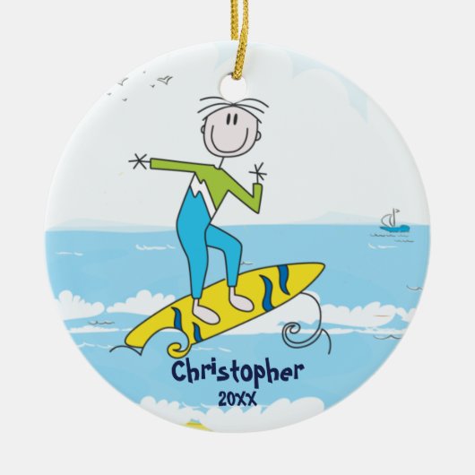 Cute Stick Figuur Surfer Boy kerstversiering Keramisch Ornament (Voorkant)