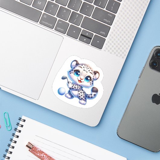 Cute Stickers Kawaii Snow Leopard Golf Player (Ordinateur portable avec iPhone)