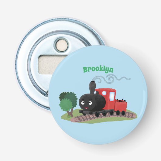 Cute stoomtrein cartoon illustratie button flesopener (Voorkant)