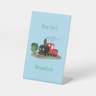 Cute stoomtrein cartoon illustratie reclamebord met voetstuk